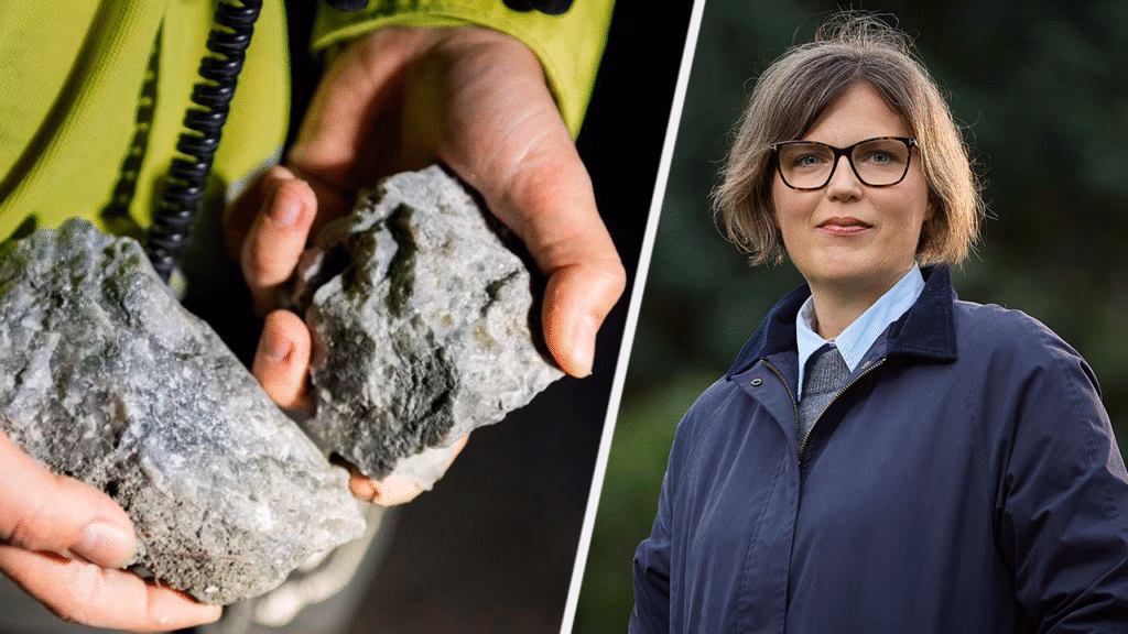 Delad bild. Närbild på mineral och porträtt på Helena Kjellson, SGU.