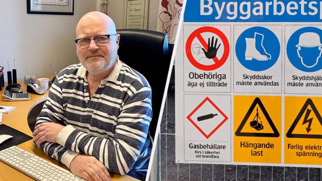 Delad bild. Jan Johansson vid skrivbord. Varningsskyltar vid byggarbetsplats.